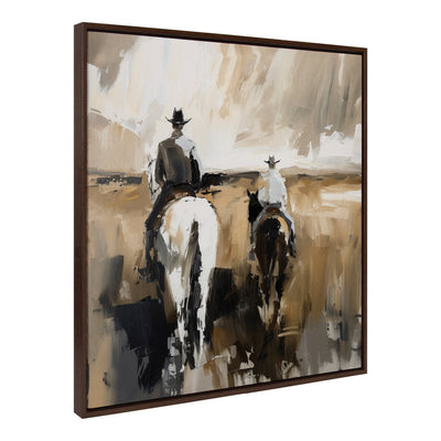 Framed canvas art showing a modern abstract cowboy on horseback in neutral tones