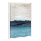 Abstract landscape painting with light beige sky, dark blue and green horizon, and turquoise foreground on textured canvas framed in white with beaded edging