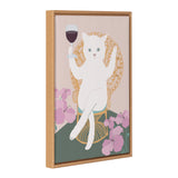 Framed canvas depicting a white cat with green eyes sitting cross-legged on a detailed wicker chair, holding a glass of red wine, surrounded by pink flowers on green background.