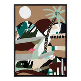 Abstract landscape with geometric hills, a large white sun, and a stylized palm tree with a patterned trunk on a warm brown background.