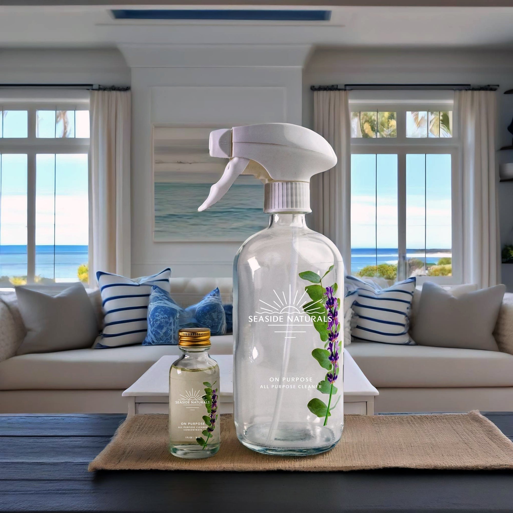 On Purpose Cleaner Kit in glass bottles with essential oil accents