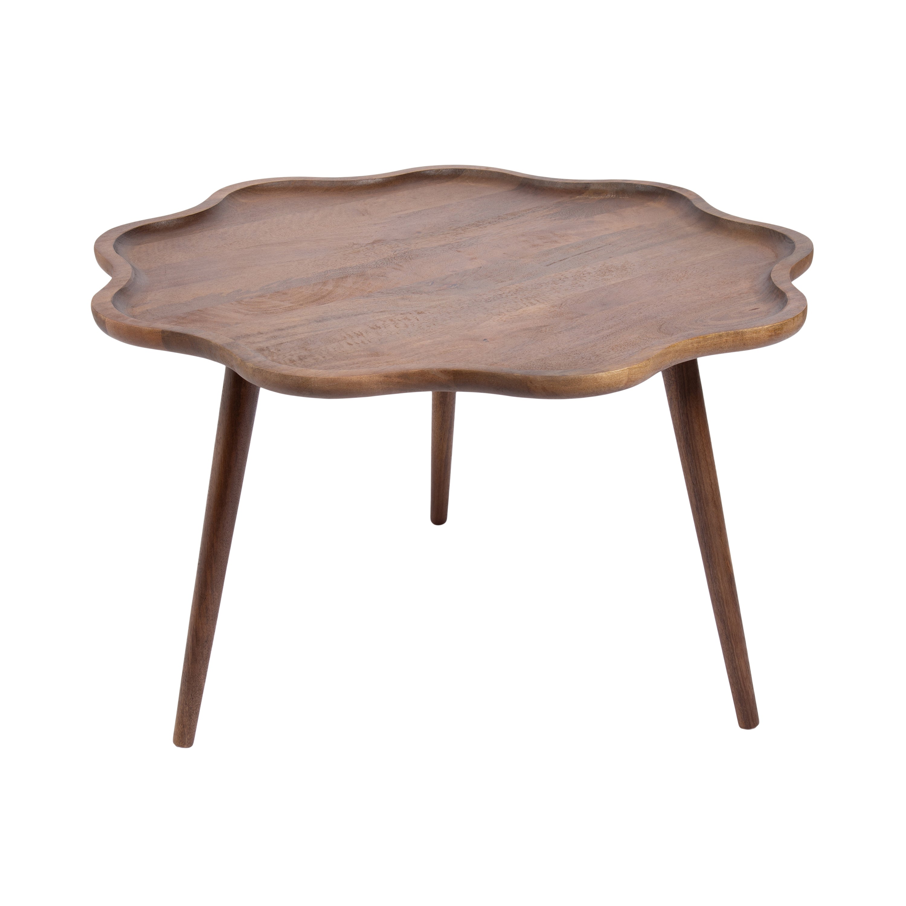 Alezar scallop wood coffee table with scalloped tabletop and tapered legs in a room setting