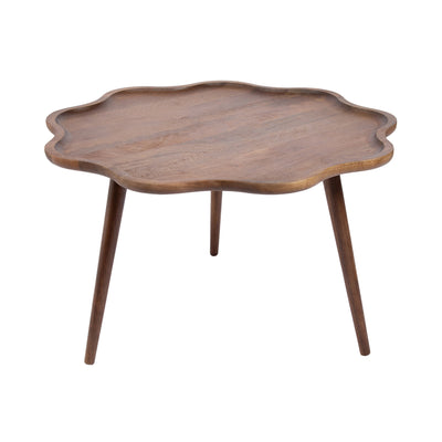 Alezar scallop wood coffee table with scalloped tabletop and tapered legs in a room setting