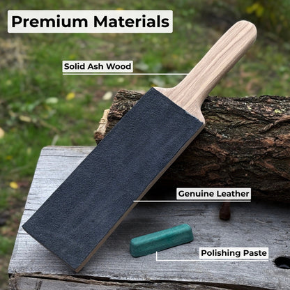 One-sided leather strop with oak base and green polishing compound for knife sharpening