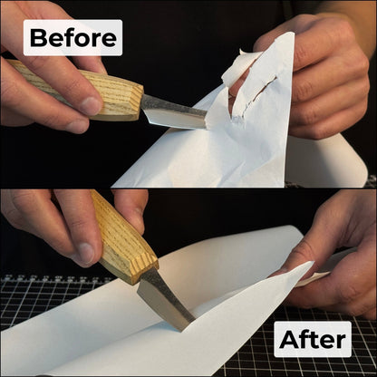 One-sided leather strop with oak base and green polishing compound for knife sharpening