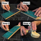 One-sided leather strop with oak base and green polishing compound for knife sharpening