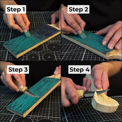 One-sided leather strop with oak base and green polishing compound for knife sharpening