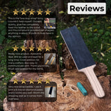 One-sided leather strop with oak base and green polishing compound for knife sharpening