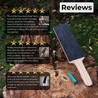 One-sided leather strop with oak base and green polishing compound for knife sharpening