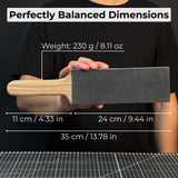 One-sided leather strop with oak base and green polishing compound for knife sharpening