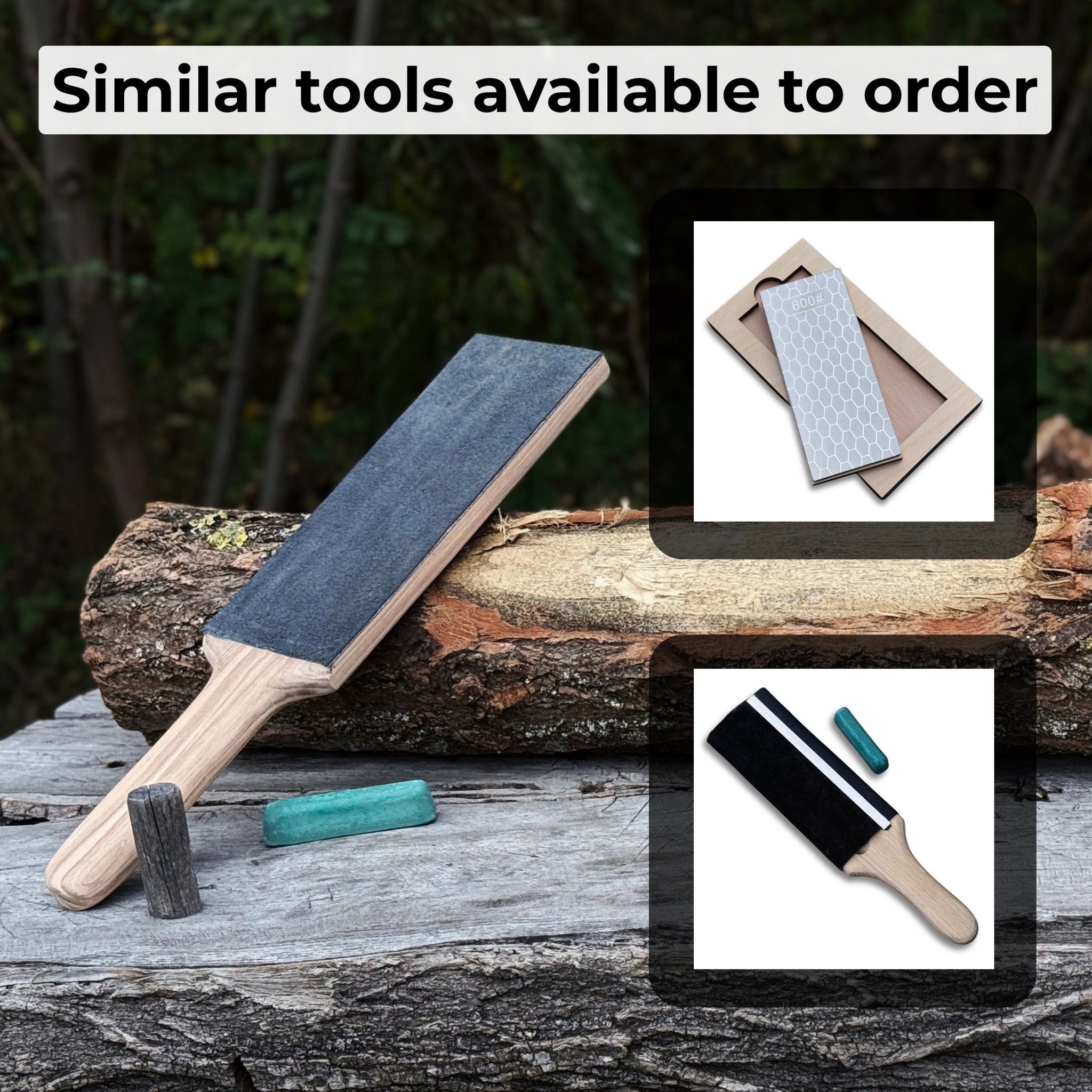 One-sided leather strop with oak base and green polishing compound for knife sharpening