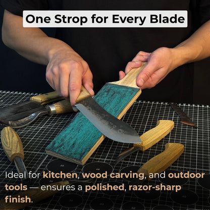 One-sided leather strop with oak base and green polishing compound for knife sharpening