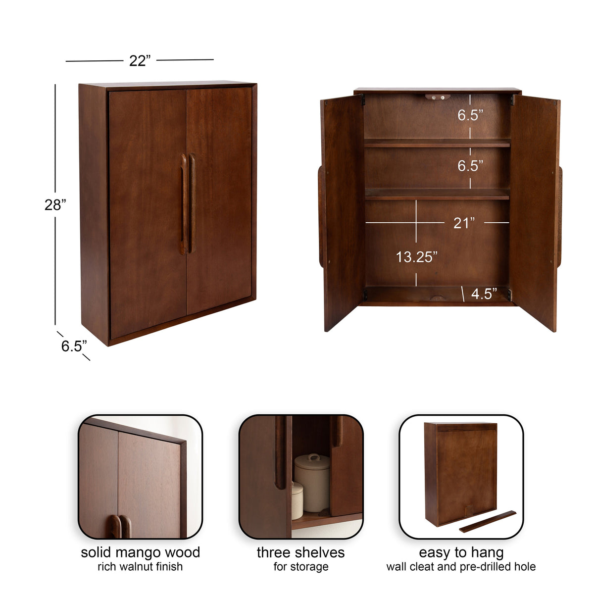 Brown solid mango wood cabinet with two doors and three internal shelves, shown closed with dimensions and opened detailing shelf heights and storage space.