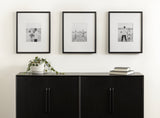 Three black-framed black-and-white photos arranged horizontally above a dark wooden cabinet with two doors, decorated with a white planter and two stacked books.