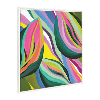 Sylvie Beaded Abstract Colorful Leaves Framed Canvas showing vibrant multicolored leaves on a white background within a vintage beaded frame.
