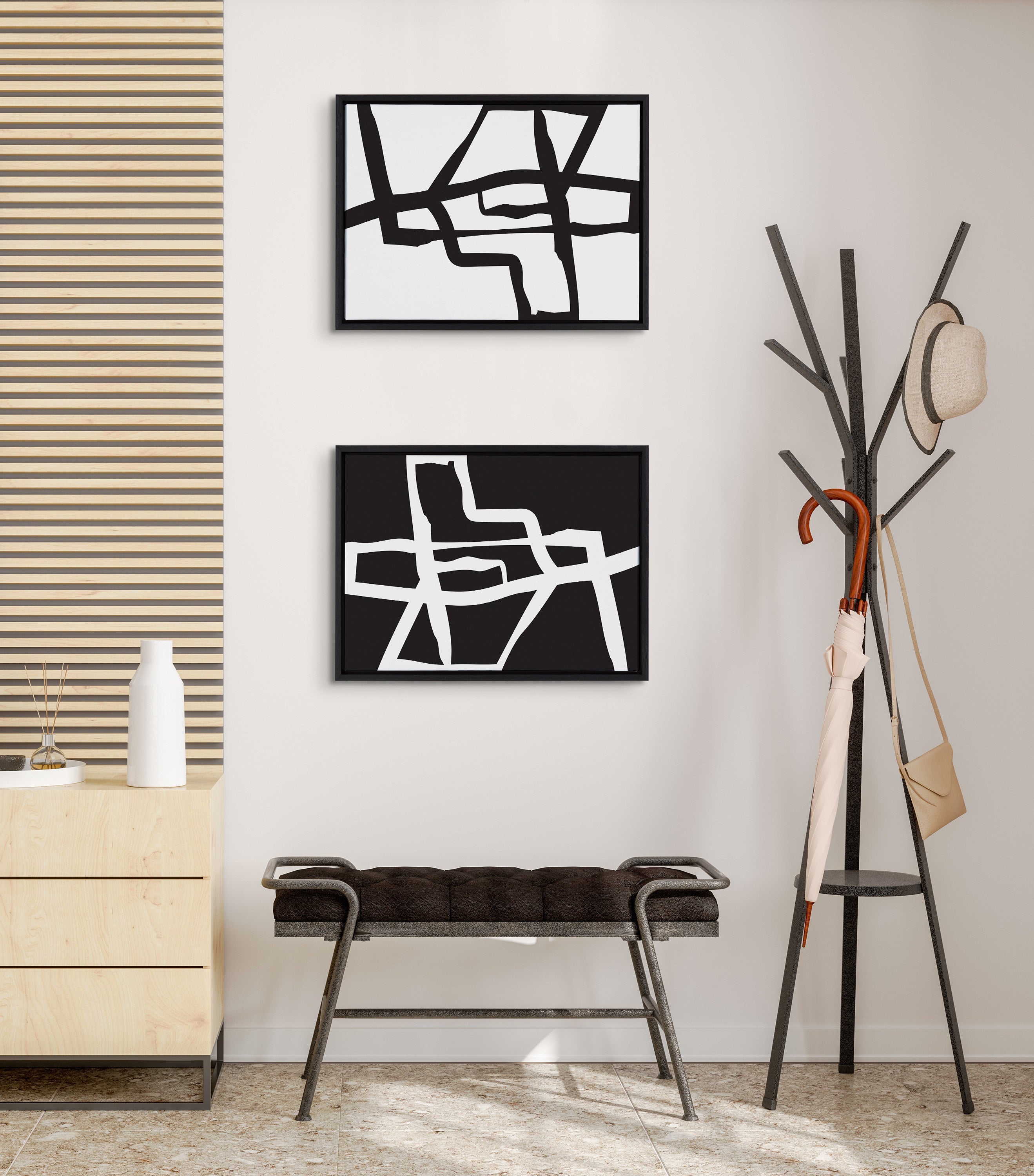 Sylvie Bold Sophisticated Abstract Black and White Stroke Framed Canvas Art Set