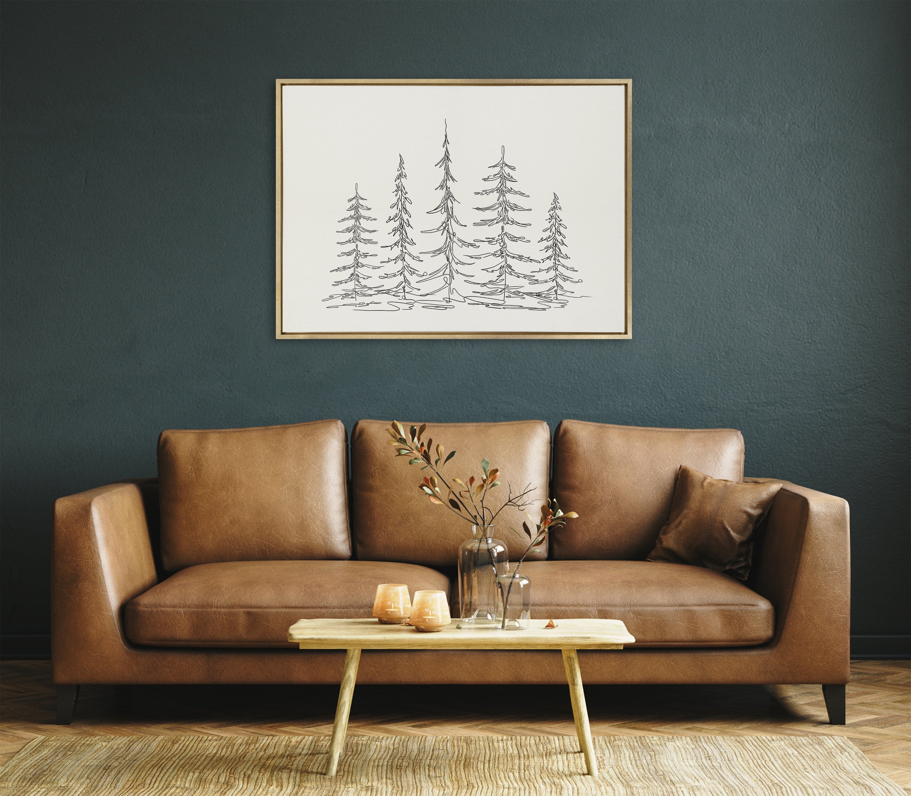 Sylvie Minimalist Evergreen Trees Sketch Framed Canvas
