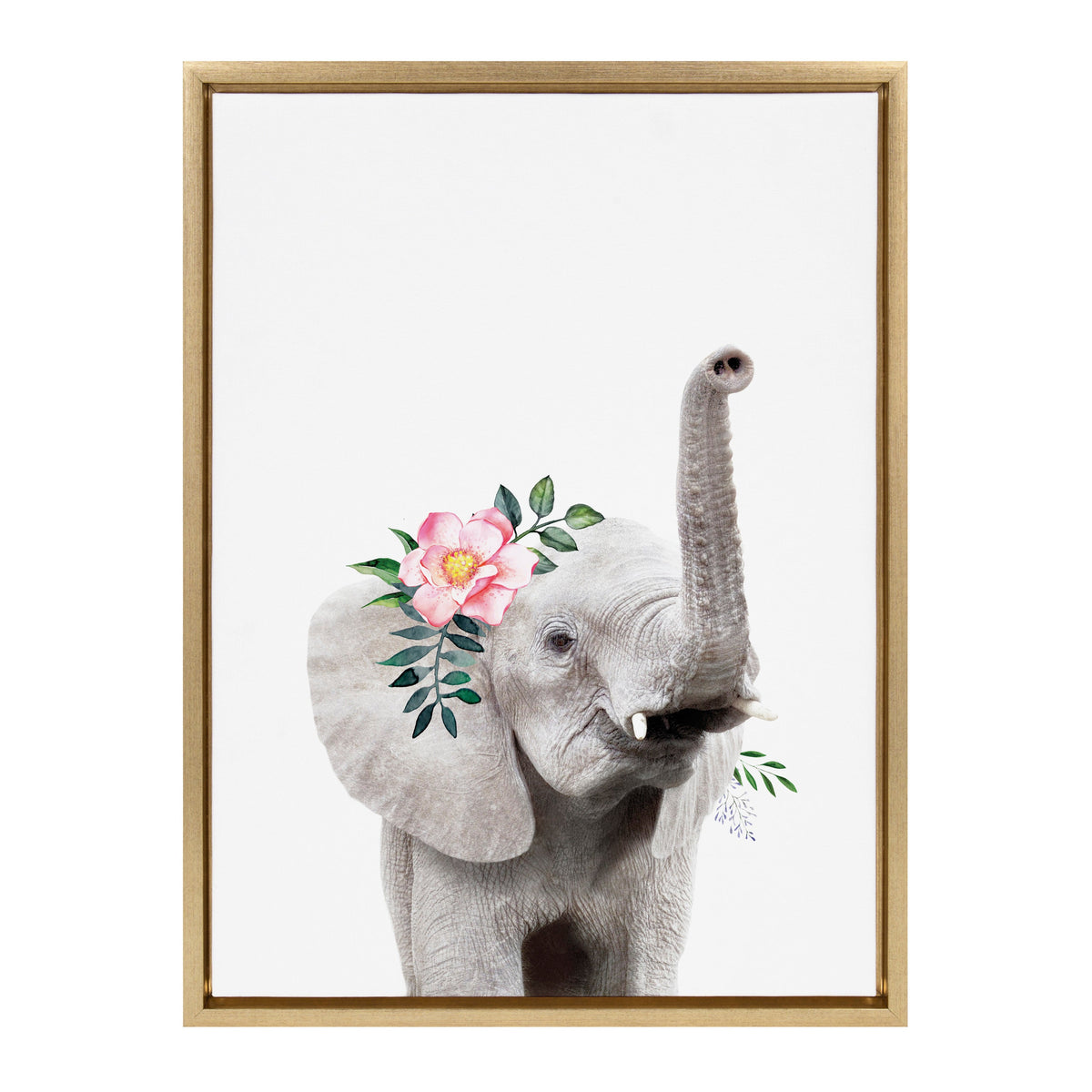 Framed canvas art of a baby elephant with a pink flower crown and green leaves on its head, set against a white background.