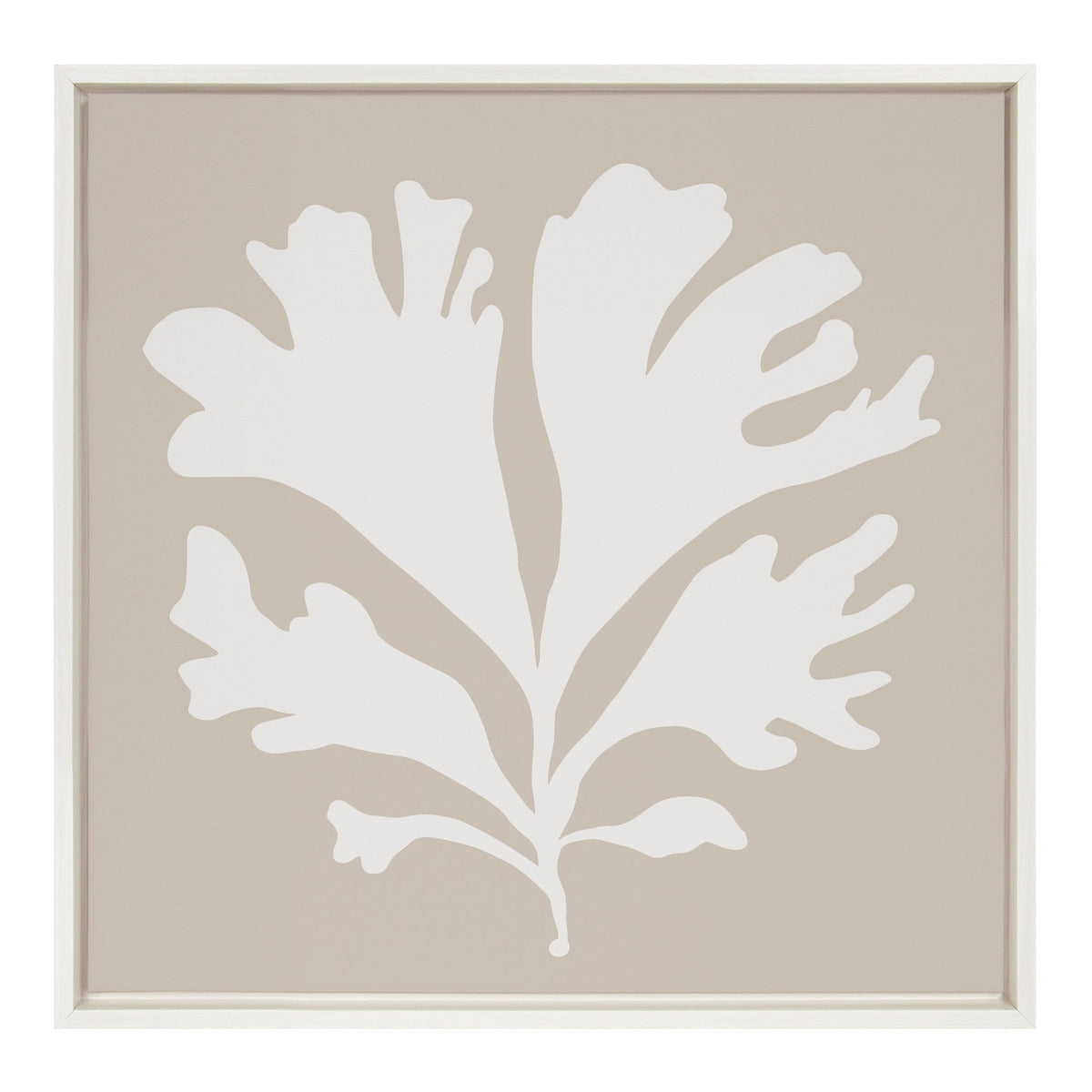 White abstract leafy shape on a beige square canvas with a thin white frame, centered against a neutral background.