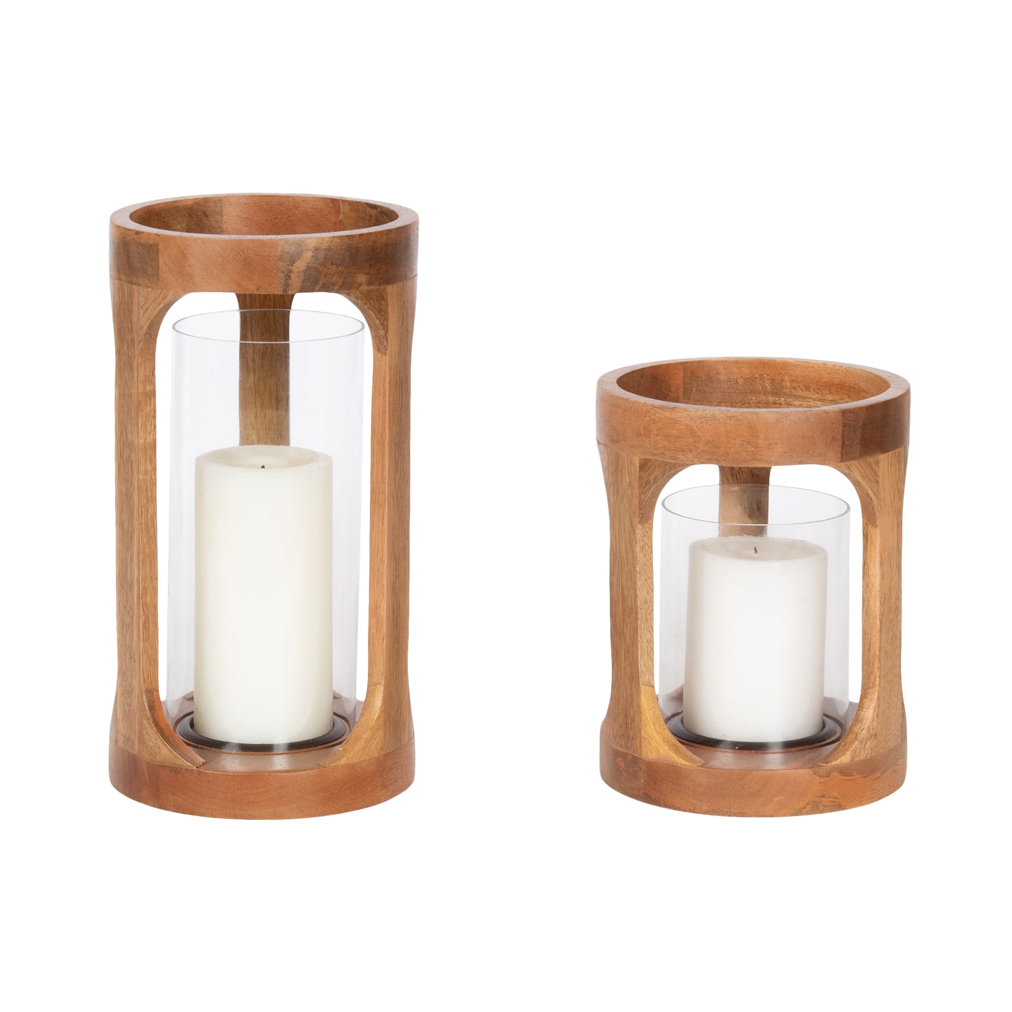 Dahl Candle Holder Set featuring two natural wood candle holders with glass cylinders and curved negative space design displayed on a wood surface.