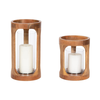 Dahl Candle Holder Set featuring two natural wood candle holders with glass cylinders and curved negative space design displayed on a wood surface.