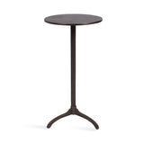 Simple round metal side table with dark finish, featuring a slender central pedestal and three curved legs forming a tripod base.