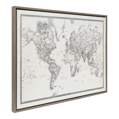 Sylvie Vintage Black and White World Map Framed Canvas by The Creative
