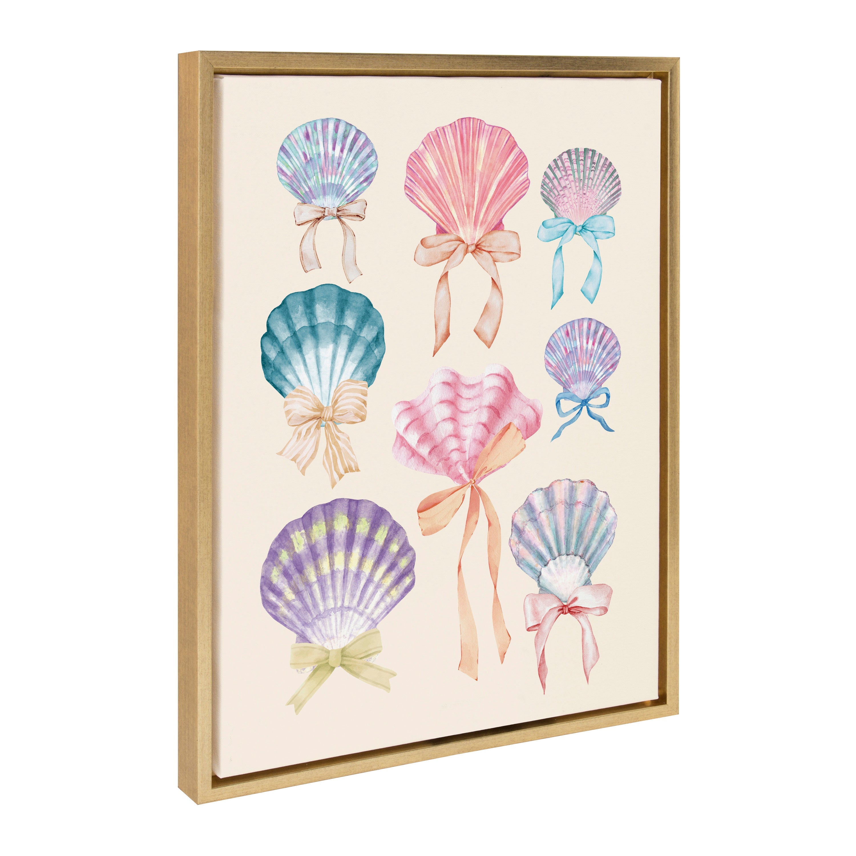 Sylvie Seashell Bows framed canvas art featuring seashells and bows on a gallery-wrapped canvas with polystyrene frame.