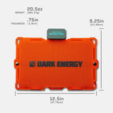 Compact rectangular orange solar panel with hexagonal pattern, black Dark Energy logo centered, and small green Spectre 18W module attached top-center, shown with measurements