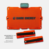 Bright orange rectangular solar panel with black Dark Energy logo, featuring two adjustable removable black kickstands shown below to improve charging efficiency.
