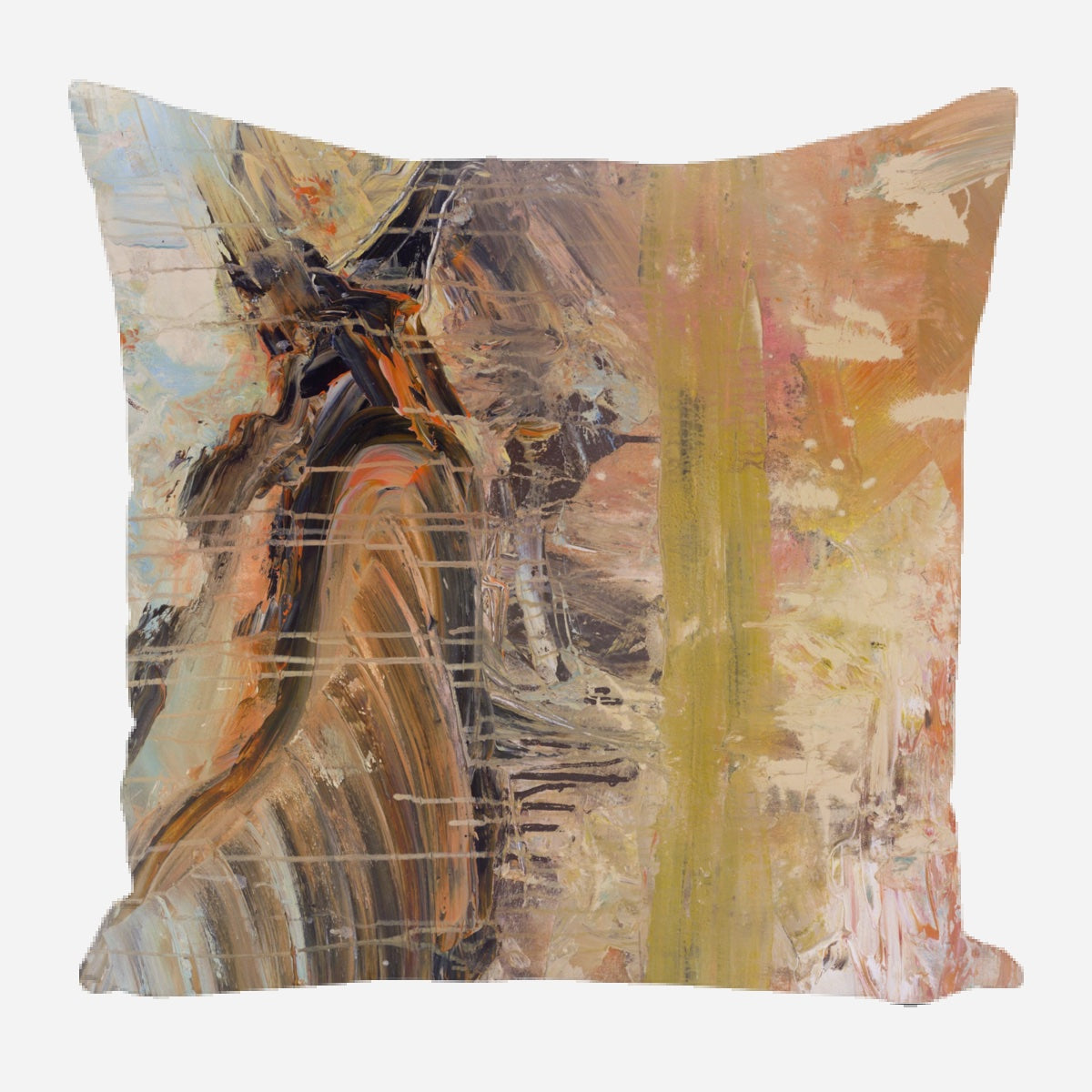 Square pillow with abstract multi-color brush strokes in orange, beige, brown, and black, featuring a vertical yellow band and textured paint details.