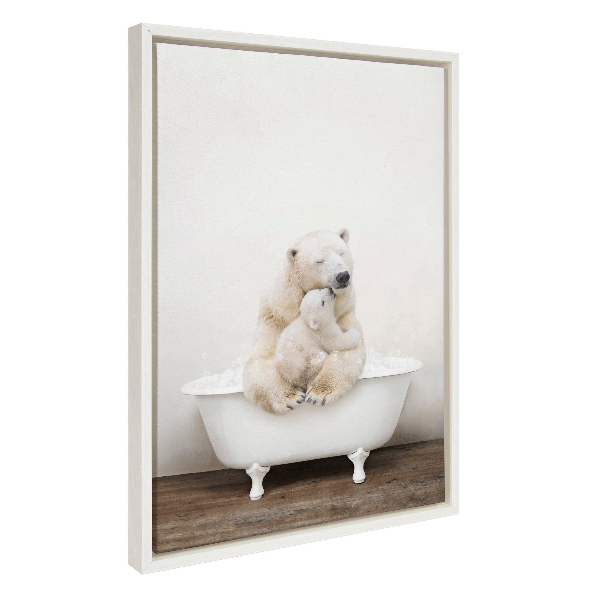 Sylvie Mother and Baby Polar Bear in Rustic Bath Framed Canvas by kateandlaurel - main product image for Resin Society
