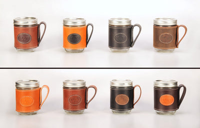 Enrico Bartolini Leather Mason Jars in various leather colors and logo combinations