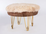 Pouf Bench with white and brown European sheepskin upholstery and gold hairpin legs