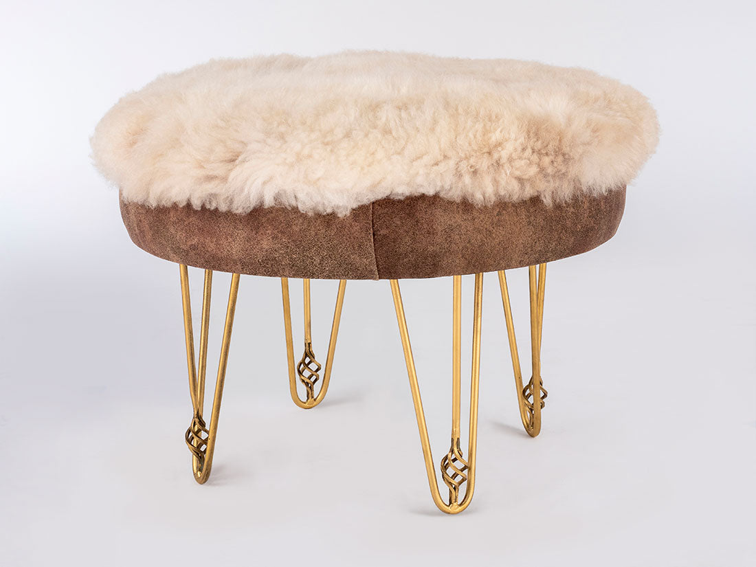 Pouf Bench with white and brown European sheepskin upholstery and gold hairpin legs
