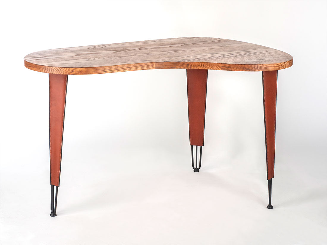 Right Hand Kidney Desk by Enrico Bartolini showcasing flamed Ash wood grain and hairpin legs
