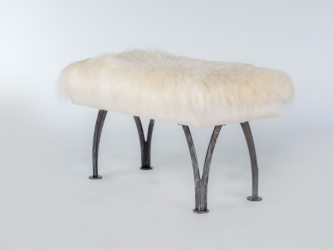 32″ Split Leg Bench with white Icelandic Fur upholstery and black steel split legs