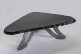 Wavy Tiger Maple Racetrack table with scalloped steel base by Enrico Bartolini