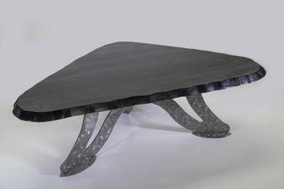 Wavy Tiger Maple Racetrack table with scalloped steel base by Enrico Bartolini