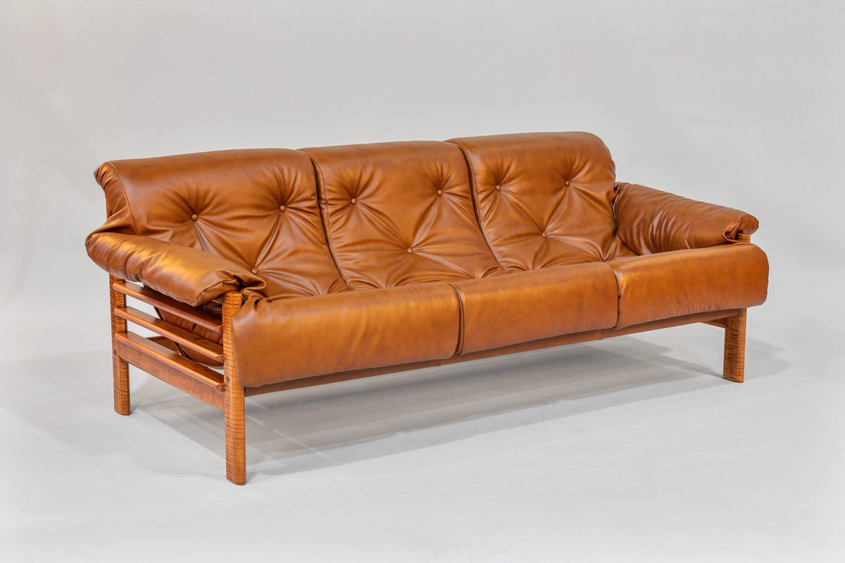 Sofa – Brown Leather with Tiger Maple Arms (Honey) by Enrico Bartolini - main product image for Resin Society