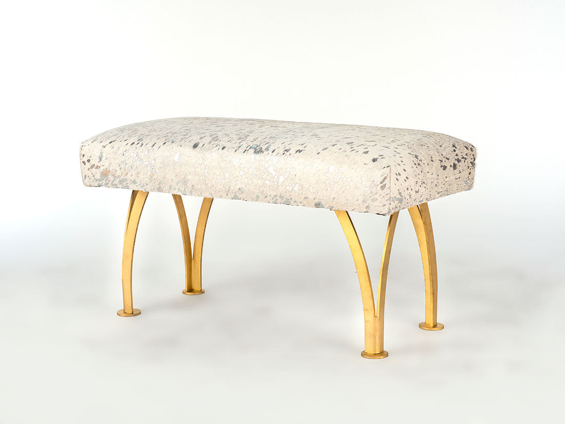 32″ Split Leg Bench with white hair on hide upholstery and matte gold steel split legs