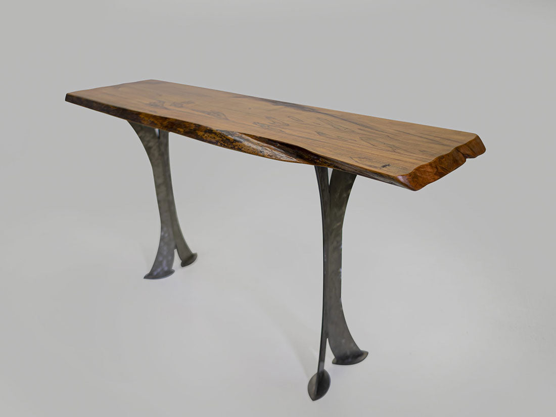 Split Leg Sofa Table with honey spalted maple top and silver steel split legs