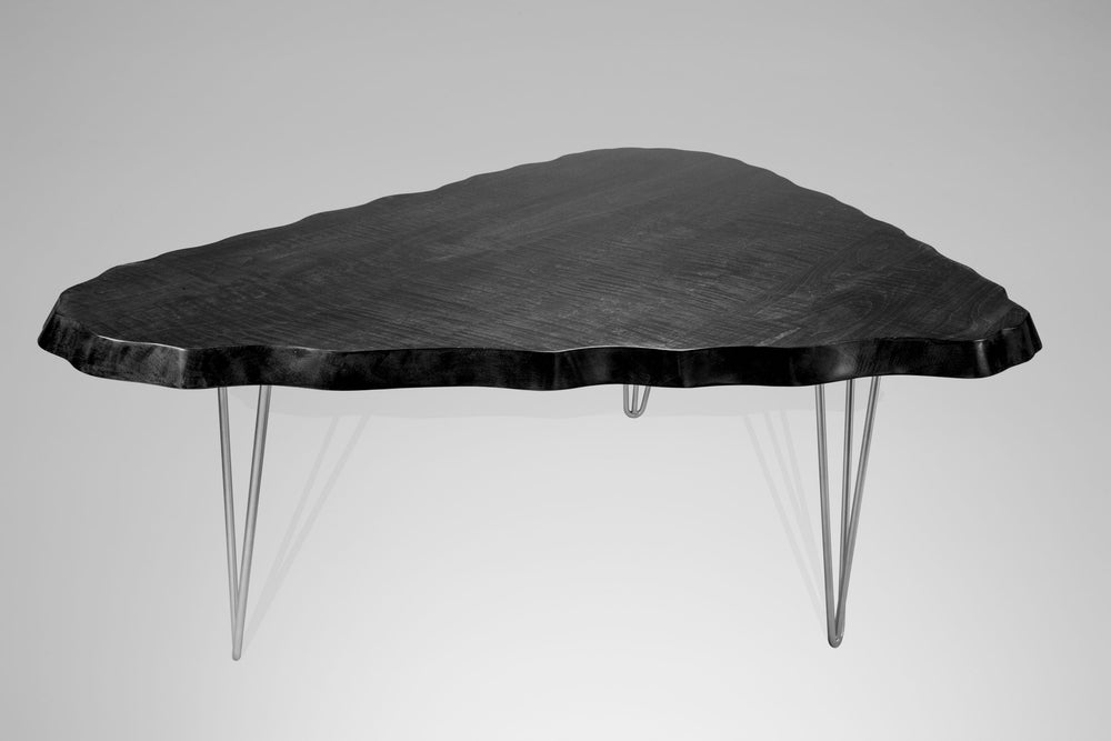 Wavy Tiger Maple Racetrack Table with Hairpin Legs showing natural tiger maple grain and silver hairpin legs