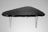 Wavy Tiger Maple Racetrack Table with Hairpin Legs showing natural tiger maple grain and silver hairpin legs
