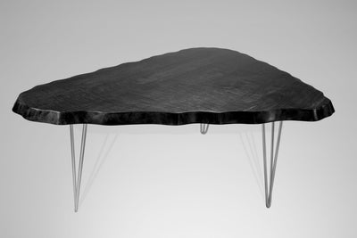 Wavy Tiger Maple Racetrack Table with Hairpin Legs showing natural tiger maple grain and silver hairpin legs