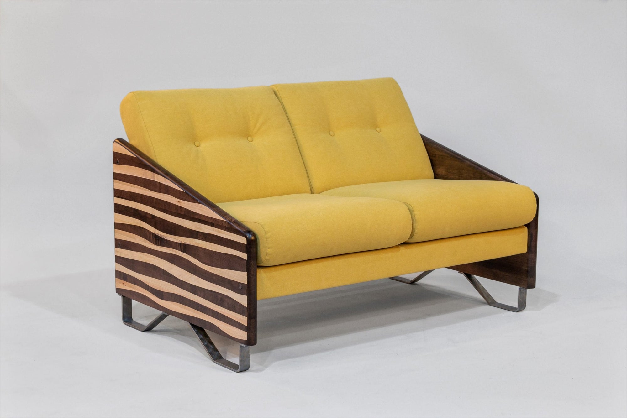 Enrico Bartolini Loveseat Peyton Mimosa with Zebra Arms in mocha and natural finish, showing button tufted cushions and metal feet