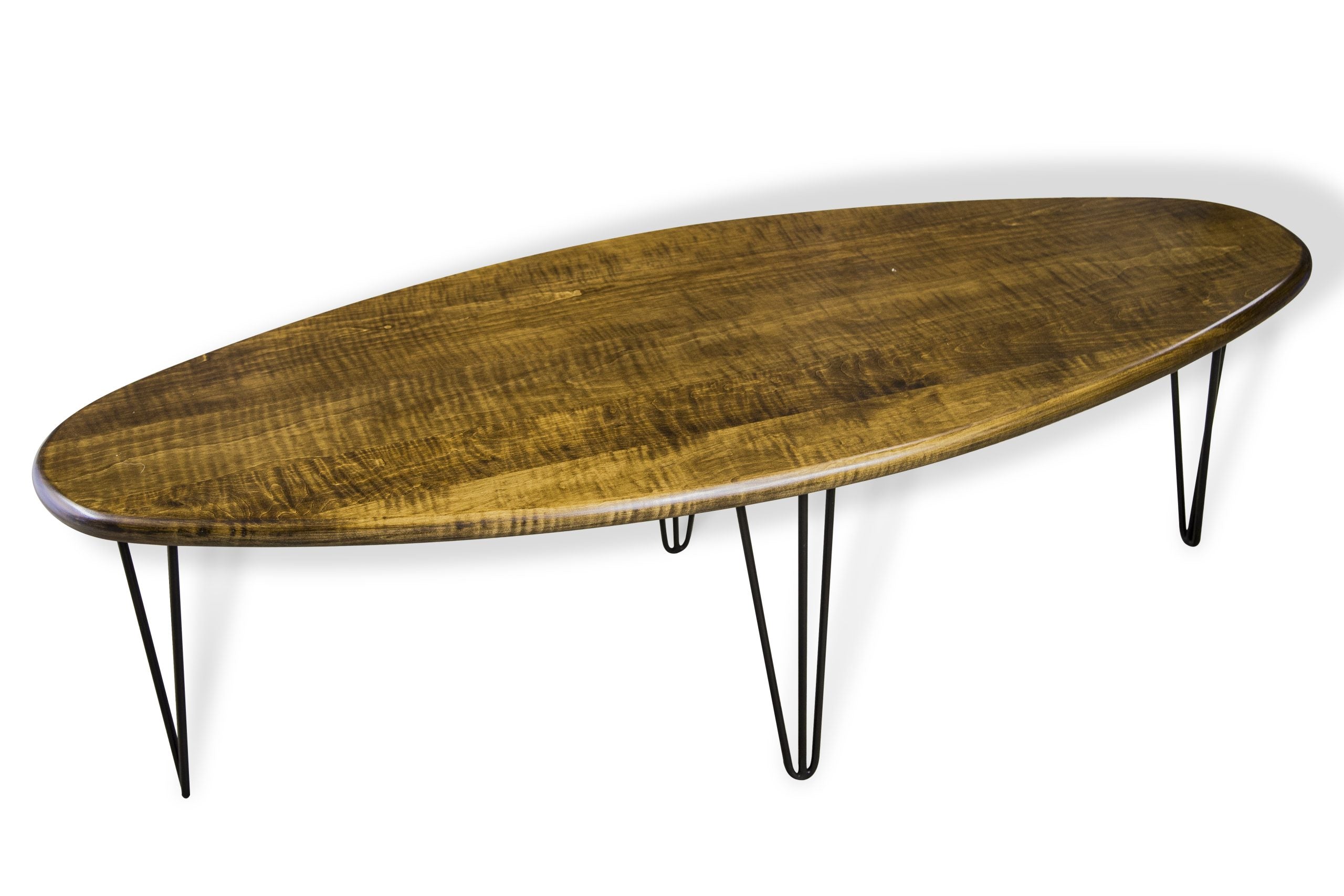 Mid Century Surfboard Table with Hairpin Legs in Acid Orange finish with black steel legs