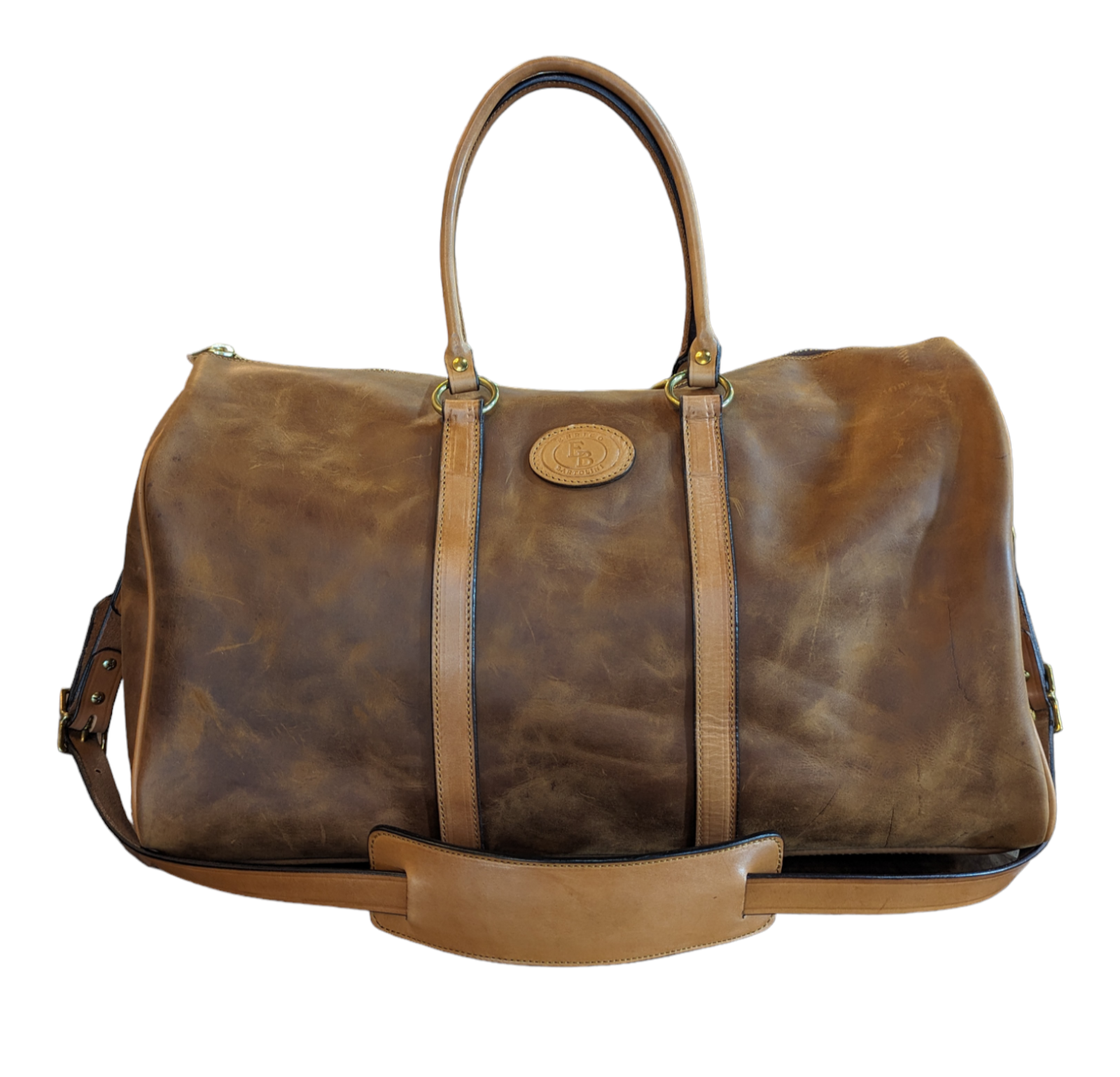 Enrico Bartolini Duffel Bag in Gaucho - Distressed Olive leather with brass hardware, handles, and adjustable shoulder strap