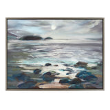 Framed canvas depicting a serene seascape under moonlight with smooth water, scattered dark rocks, and distant islands beneath a cloudy sky.