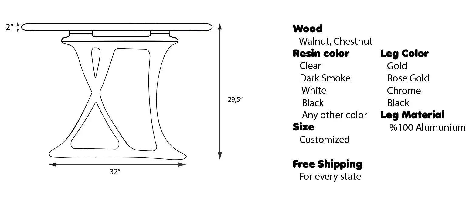 Custom epoxy resin dining room table with walnut wood and rose gold aluminum legs